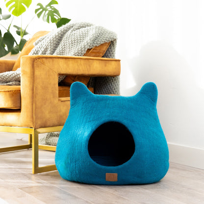 Peekaboo Ocean Blue Wool Cat Cave