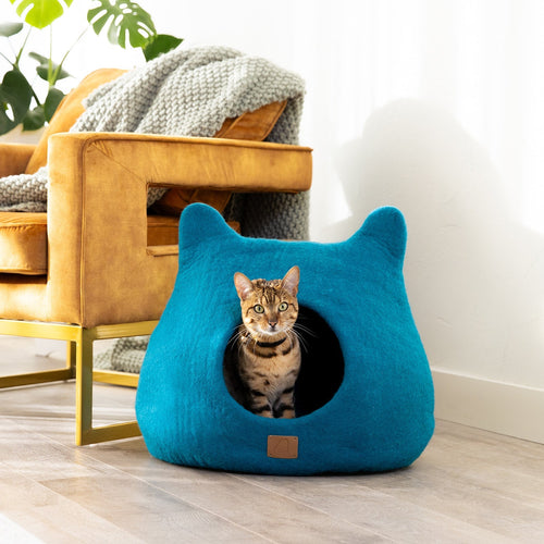 Peekaboo Ocean Blue Wool Cat Cave